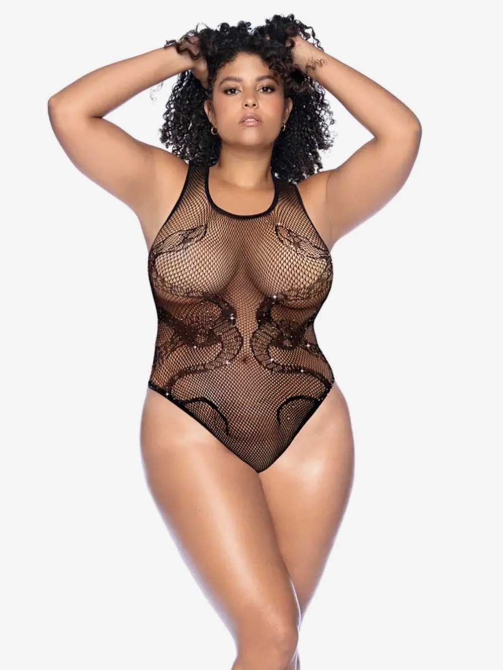 Plus Crotchless Sheer Black Fishnet Bodysuit - Curvy Fit